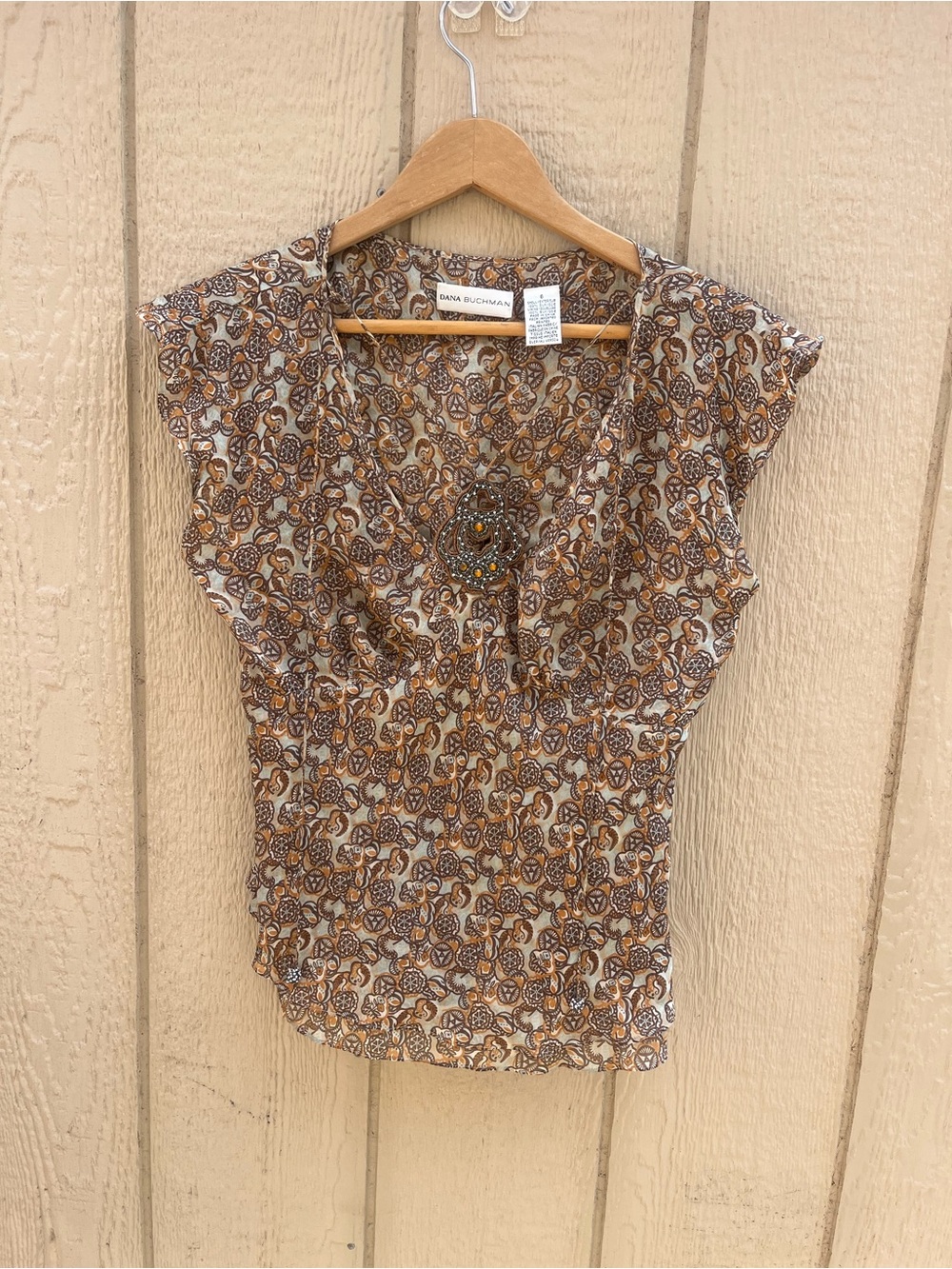 Dana Buchman Brown Floral Print Cap-Sleeve Top Y2K  Silk Size 6 Fairy Bohemian